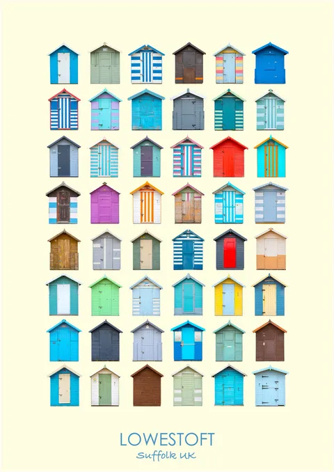 Forty-eight Lowestoft beach huts in eight rows of six on a cream ground, titled Lowestoft, Suffolk UK