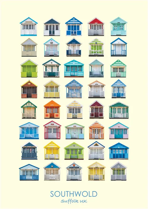 Forty Southwold beach huts in eight rows of five on a cream ground, titled Southwold, Suffolk UK